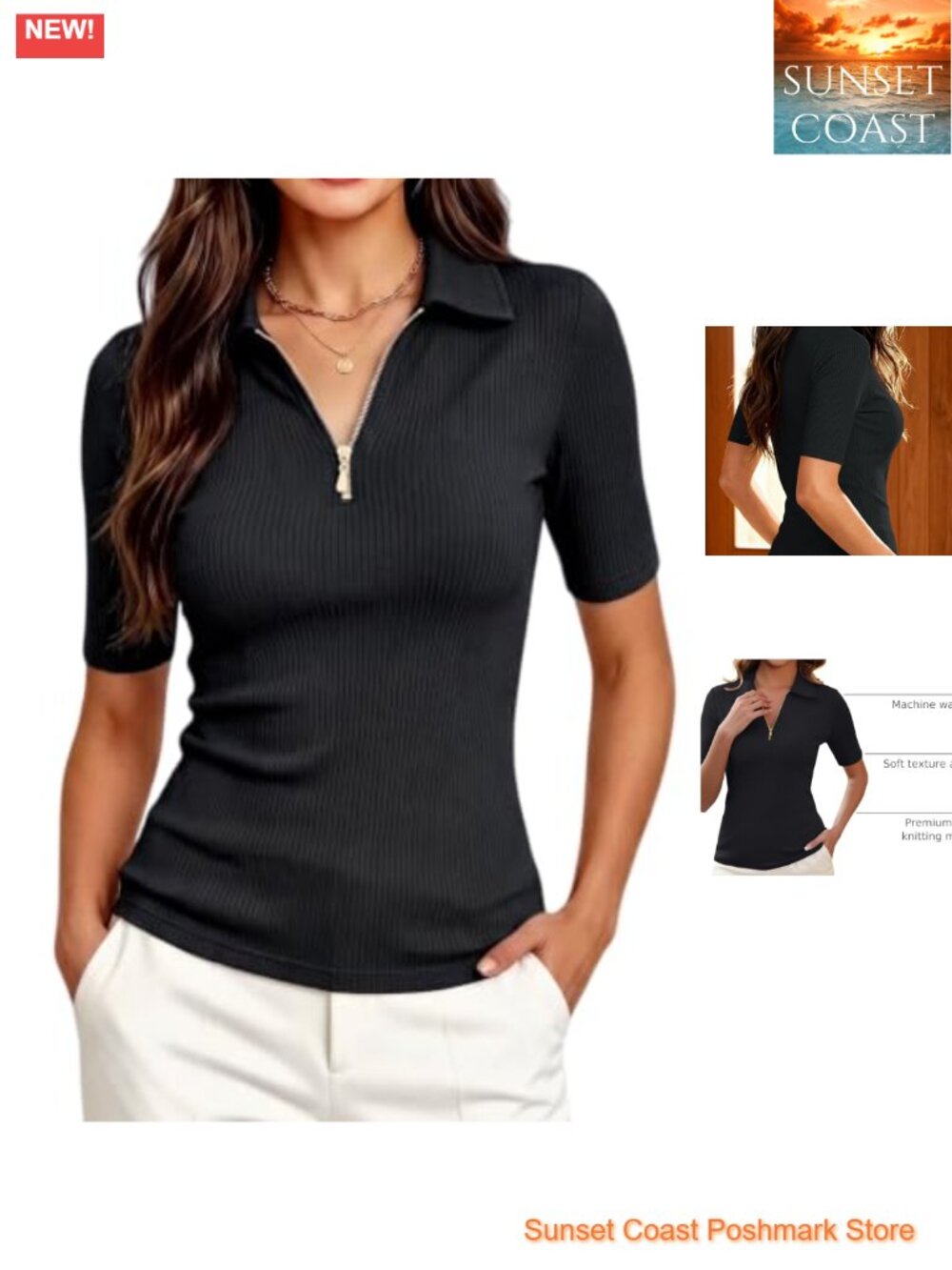 Women's Half Sleeve Ribbed Half Zip Business Blouse Slim Fit Work Top